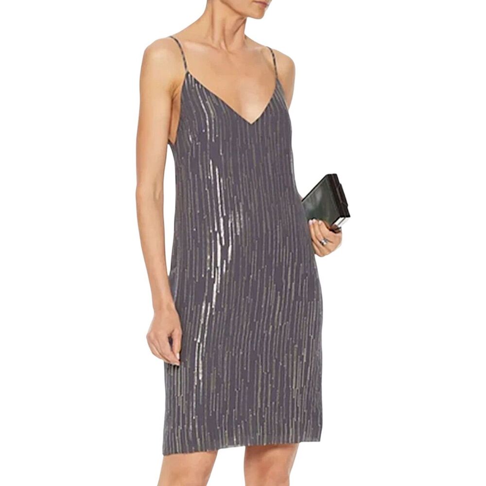 Equipment Tansie Silk Metallic Dress Size L Dark Grey Sleeveless Slinky Womens